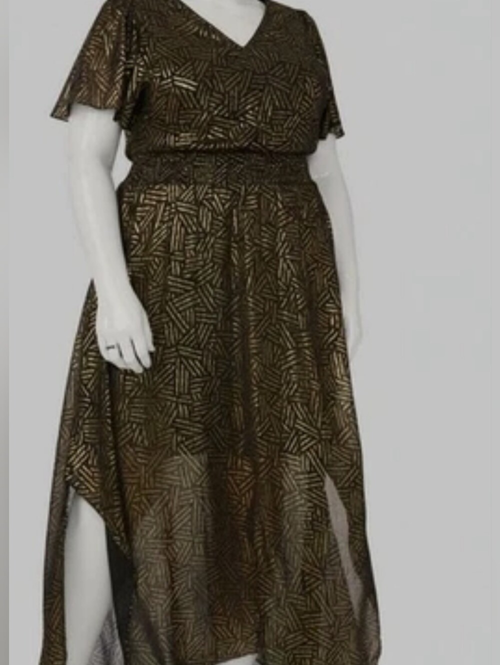 MSK Black Dress with Gold Geometric Print V‑Neck Maxi